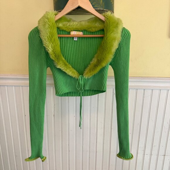 Urban Outfitters XS Green Ribbed Knit Cropped Cardigan W/ Fuzzy Collar & Tie Fro - Picture 1 of 5
